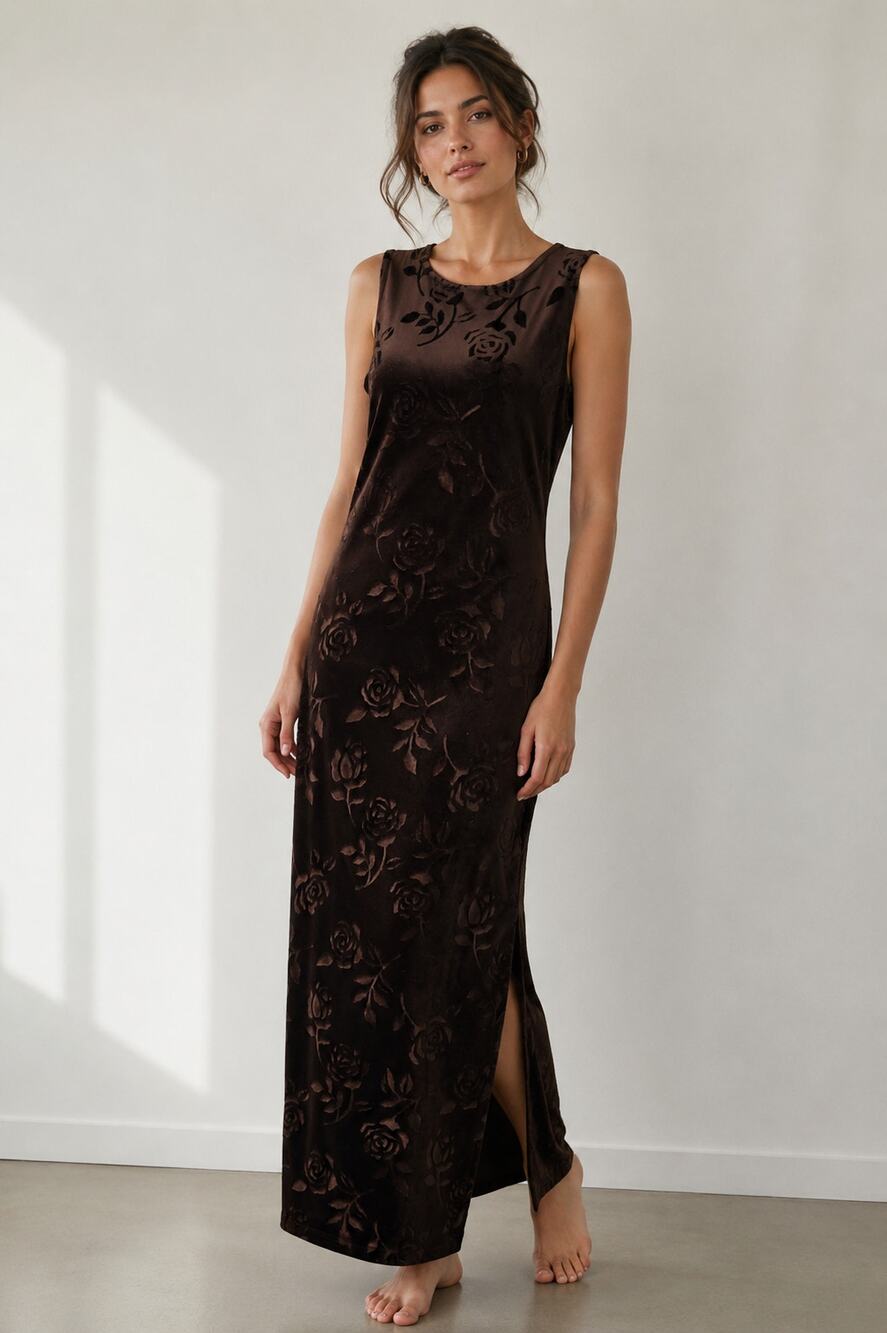 Vintage 90s Possessed Brown Burnout Velvet Rose Maxi Dress Whimsigoth L